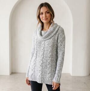 Kensie Blue Ivory Marled Chunky Cable Knit Cowl Neck Sweater Tunic Size M